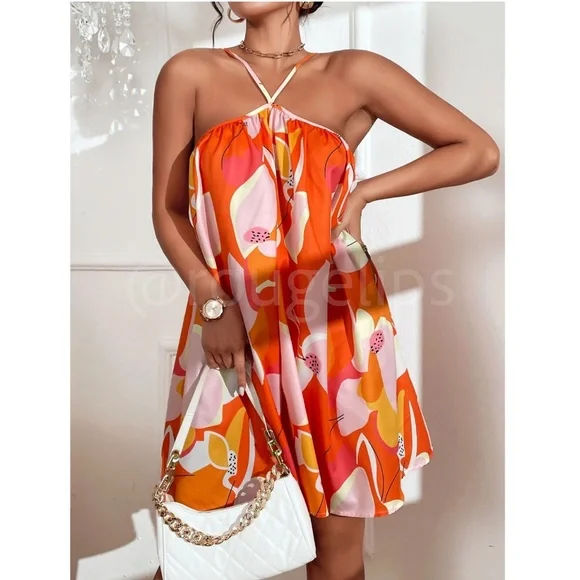 Orange Floral Flared Dress Mini Short A-Line Neck Ties - Picture 2 of 9